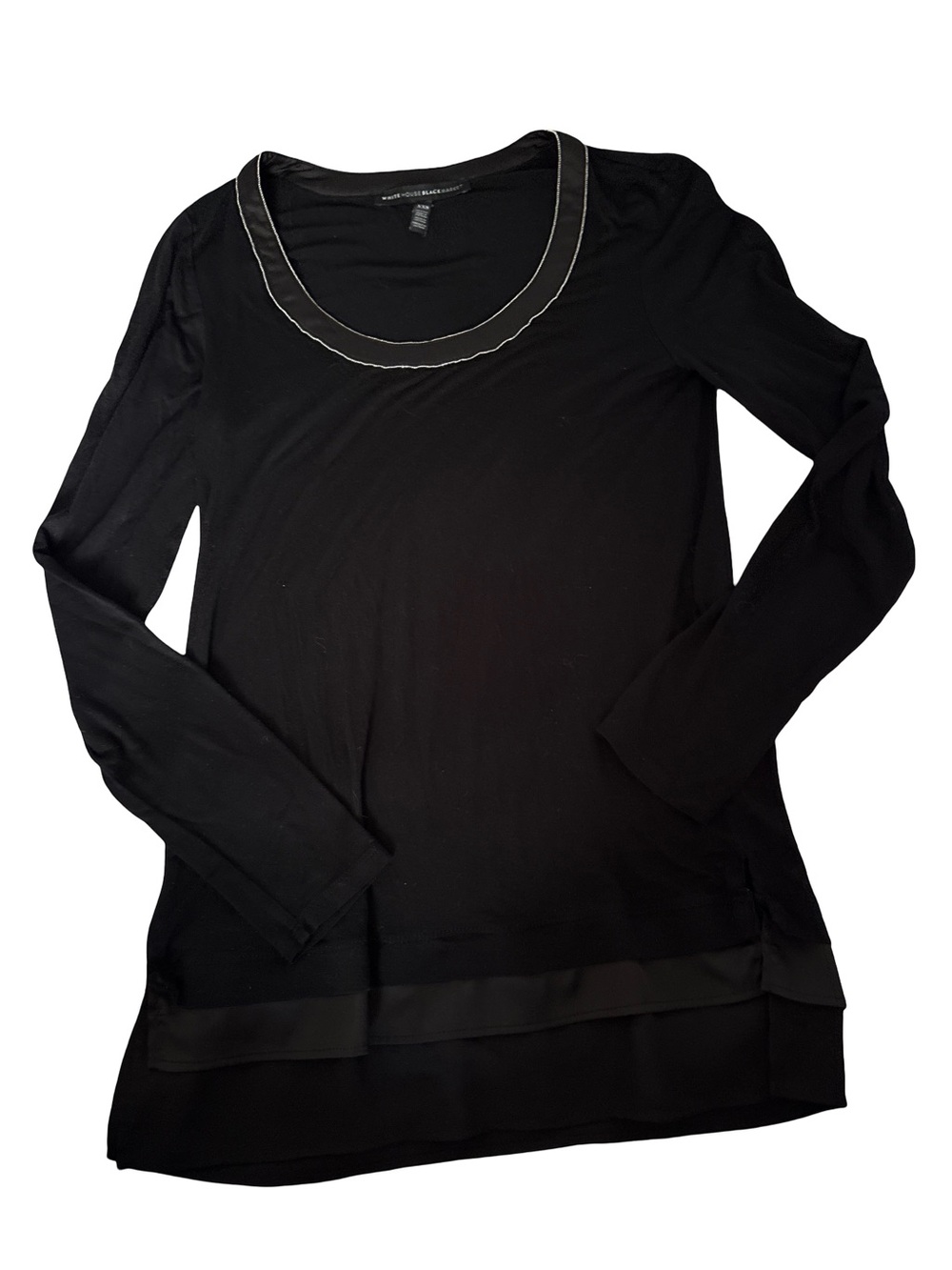 White House Black Market Black Long-Sleeve Scoop Neck Top with Layered Hem